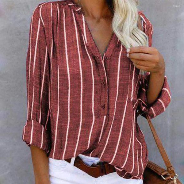 Boderas para mujeres Camisa para mujeres Single-rayado Botón suave de rayas ABAJO Túnica suelta con cuello en V de manga larga Femenina