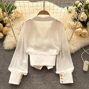 Dames Blouses Dames Overhemdstijl Revers V-hals Pofmouwen Onregelmatige zoom Effen Kleur Top Voor Elegant Knoop Decor Blouse Polyester