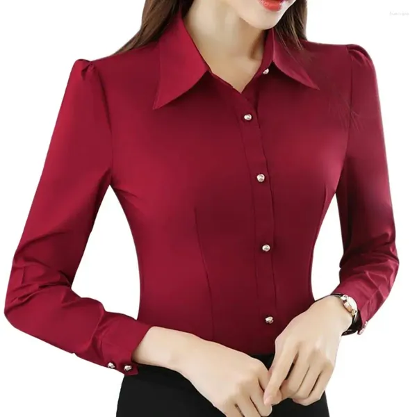 Blouses pour femmes chemises top slim fit couleur douce couleur solide à manches longues à manches à manche à revers dame pour le bureau