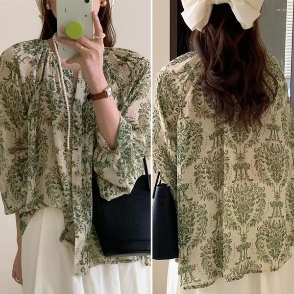 Blusas de mujer Camisa de mujer Top Cuello en V Manga de linterna Suelta Casual Vintage Retro Verde Pintura al óleo Señora Boho Estampado floral de gasa