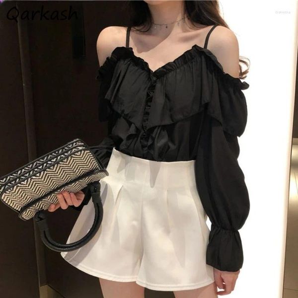 Blusas de mujer Camisa de mujer con cuello en V Manga acampanada Volantes fruncidos Ajuste suelto Fuera del hombro Dulce Chicas sexy Sólido Moda coreana Todo fósforo Primavera