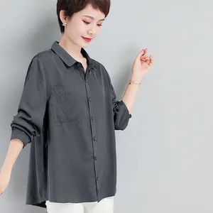 Blusas para mujer, camisas para mujer y blusa femenina, Top informal de manga larga con cuello vuelto gris, estilo OL holgado B191 2023