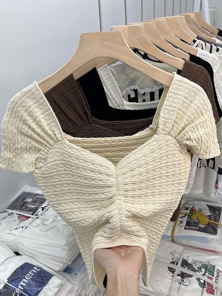 Blouses pour femmes chemises féminines et coréen harajuku mode bandage vintage à manches courtes collier carré