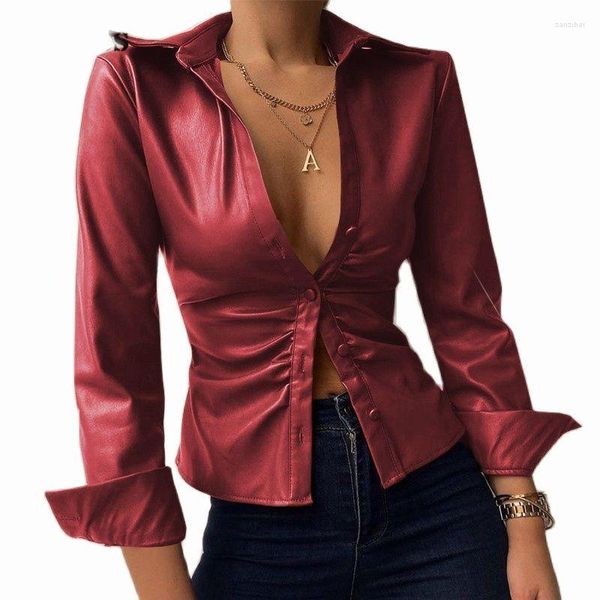 Blouses Femmes Femmes Chemises Élégant Col Rabattu Boutons En Cuir PU Cardigan Slim Bureau Fête BlousesMode Imprimé 2023 Printemps