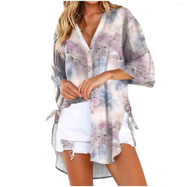 Blouses pour femmes femmes chemises mode décontracté ample Blouse grande taille col en V fleur impression à manches longues avec boutons chemise haut d'été