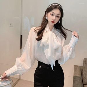 Blouses Femmes Femmes Chemises Lâche Bow Blanc Début Automne Dames Tops Gris Manches Longues Élégant Femme Vêtements Mode Coréenne