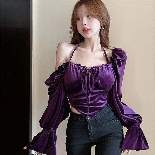 Blouses Femmes Femmes Chemises Hors Épaule Suspendue Sangle De Cou Plissée Automne Top Flare Manches Solide Bord À Volants Chemise Pour Lacet Irrégulier