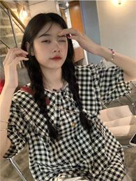 Blouses de femmes chemises femme rétro Plaid vintage Belle Summer Casual Summer Preppy Style mignon All-Match Schoolgirl Simple Sweet Clothes Tops