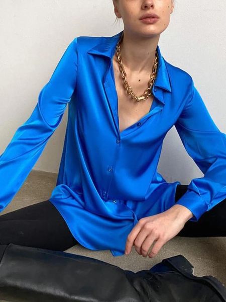 Blouses pour femmes chemises Satin Silk bleu élégant décontracté à manches longues sur le bureau dames botton up vert beau chemisier pour 2023