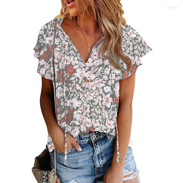 Blouses Femmes Femmes Manches courtes Cassé Floral Peplum Harajuku T-shirt À Lacets Sexy Boho Col En V Été Vintage Tout-Match Lâche