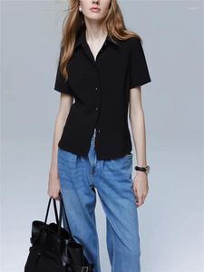 Damesblouses vrouwen shirt met korte mouwen wit of zwart casual turn-kraag 2024 zomer vrouwelijke blouse met één borsten