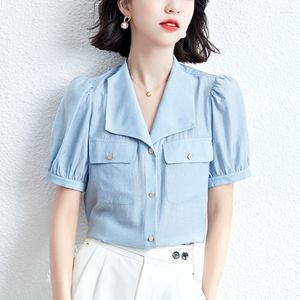 Blusas de mujer, camisa de manga corta para mujer, blusa de chifón informal de verano 2023, ropa coreana para mujer, Top azul holgado con bolsillos, Chemises Et