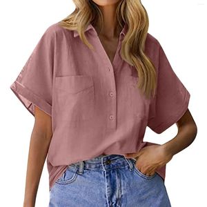 Blouses pour femmes Femmes à manches courtes Couleur de couleur Double Pocket Place Shirt Coton en vrac et lin Store officiel Ropa de Mujer