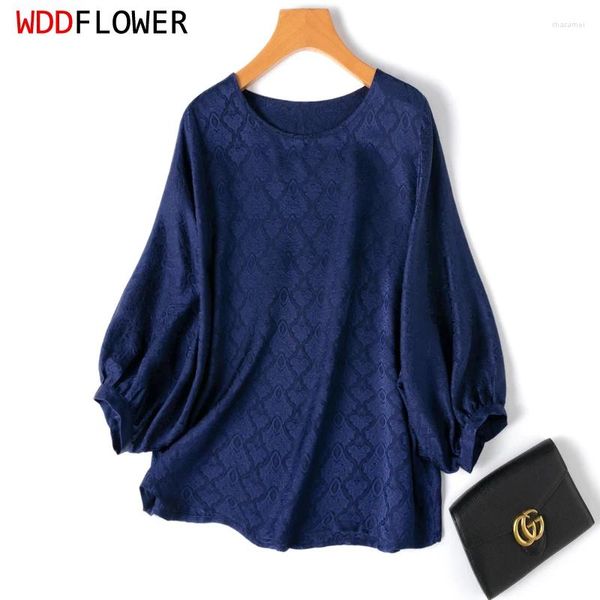 Blouses pour femmes Blouse de soie Mulberry 20 momme Jacquard Navy Loose Type O Ner 3/4 LANTERNE SHIRT TOP TOP PAULOVER L XL M1096