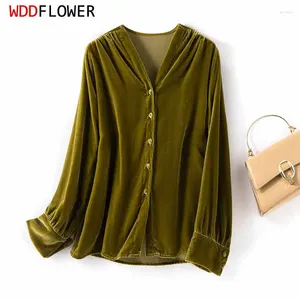 Dames blouses dames zijden shirt moerbei fluweel vaste kleur zwart v nek lange mouw knop naar beneden boven blouse kantoor dame m l ff041