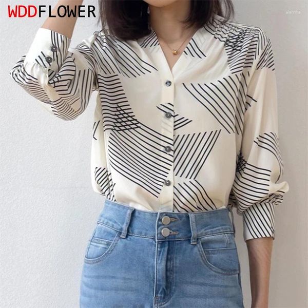 Blouses pour femmes chemises de soie mûrier blanc noir géométrie imprimée en V Boutons à manches longues à manches longues M L XL M1074