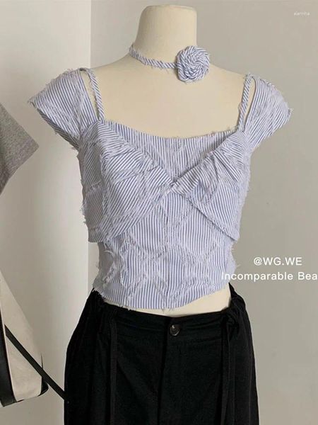 Blouses Femmes Femmes Simple Basic Chemises à rayures Col carré Quotidien Printemps Été Élégant Bureau Lady Casual Crop Top Mode Coréenne