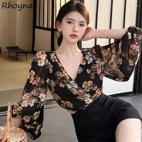 Blouses Femmes Femmes Slim Black Floral Lantern Sleeve Kpop Vintage Temper Cropped Esthétique Designer Chemise Femme Sunscreen Tendance