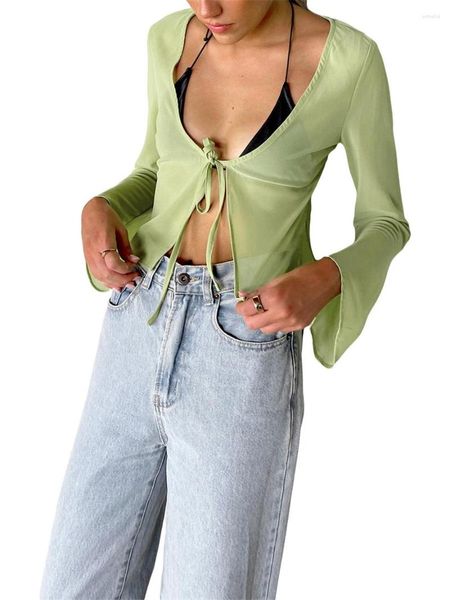 Blusas de mujer, Tops cortos ajustados para mujer, camisa de manga larga verde de verano, cárdigan de playa a la moda con lazo Sexy de corte bajo, ropa femenina