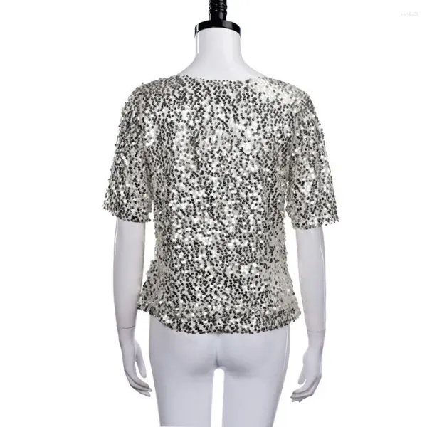 Blouses Femmes Femmes Chemise douce Sparkling Sequin Demi-manche pour Party Prom Cocktail Respirant O Cou Blouse Lâche En Solide