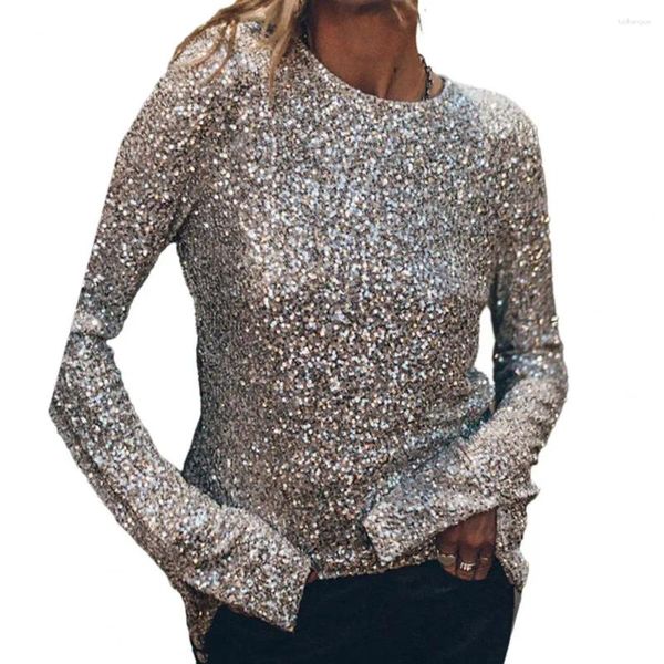 Blouses Femmes Femmes Soft Top Sequin À Manches Longues Party Club Blouse Col Rond Creux Dos Pull Brillant Performance Lady T-shirt