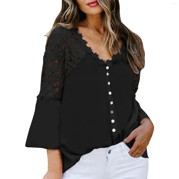 Blouses pour femmes Femmes Couleur Unie Blusas Mujer Mode Dentelle Couture Flare Manches Lâche Top Bouton Blouse Décontractée Tops Blusa Feminina