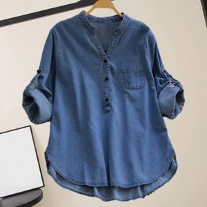 Blouses Femmes Femmes Chemise en denim de couleur unie élégante avec col montant boutons à col en v à manches longues en vrac pour un