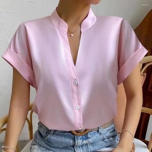 Damesblouses Dames Effen kleuroverhemd Eenvoudige stijl Zijdezacht V-halsblouse Elegante opstaande kraag Korte mouw voor formeel