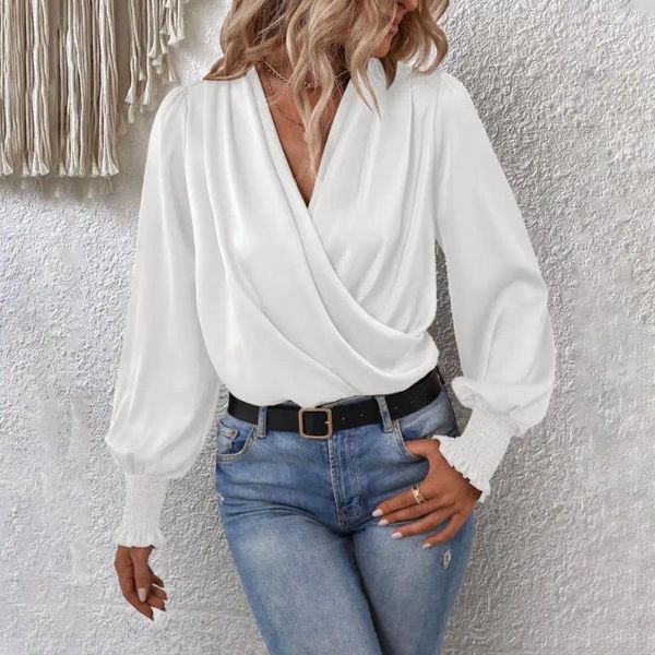 Blouses Femmes Femmes Solid Color Top Élégant Lanterne Manches Col V Chemise Pour Fête De Vacances Élégante Avec Tissu Doux Chic