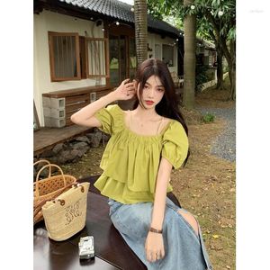 Damesblouses Dames Solid Square Neck Puff Sleeve Shirt Summer One-shoulder Green Short Top Dameskleding