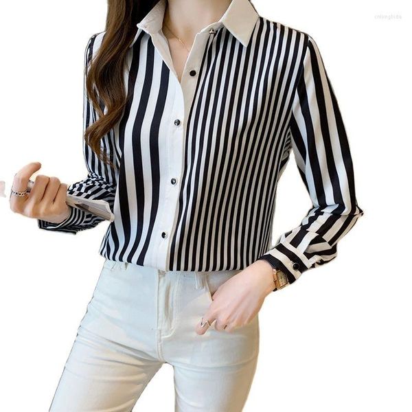 Blusas para mujer, blusa femenina de primavera y otoño para mujer, camisas informales de chifón informales de manga larga con cuello vuelto de una hilera de botones