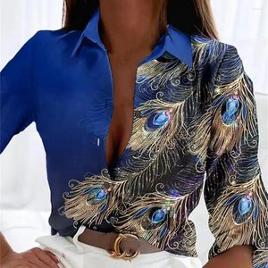Dames blouses dames lente herfst shirt tops chic veerprint single breasted edelsteen verfraaid voor