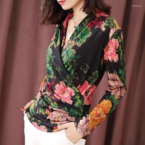 Blouses pour femmes chemises de style automne print à printemps Lady Casual Long Sleeve V-Neck Flower imprimé Blusas Tops DD8061