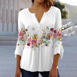 Blusas de mujer, blusa de primavera para mujer, estampado de flores, cuello en V, medio botonadura, pantalones ajustados a juego, cintura ajustada, dobladillo, camisa de verano para mujer, prenda