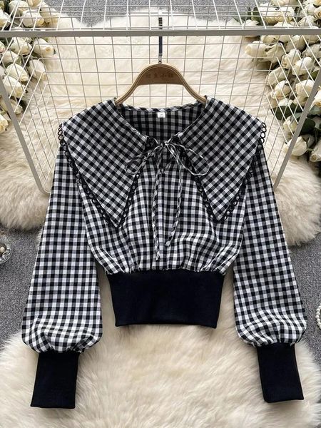 Blouses pour femmes Blouse de printemps Collier de style académique coréen Slim Fit Short Elastic Taile Plaid à manches longues polyvalents D5749