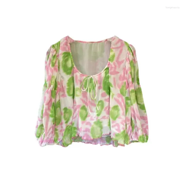 Blouses Femmes Femmes Printemps Mousseline de mousseline de soie fraîche imprimé floral col en forme de U à lacets doux arc manches bouffantes mode beaux hauts chemises de fête