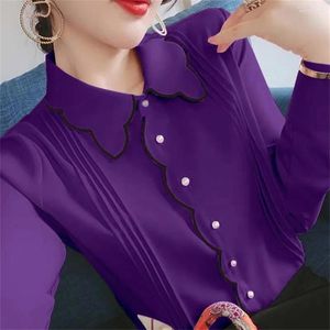 Women's Blouses Women Spring Doll Neck Chiffon Pink Shirt Commuter Fashion Mode Ademend Candy Color Button Splicing All Match Long Sleeve Tops