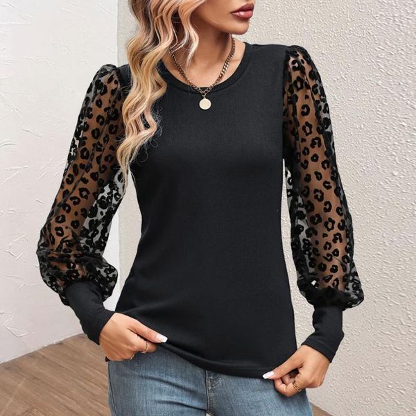 Blusas de mujer Mujer Primavera Otoño Top Blusa de malla transparente para mujer Estampado de leopardo Cuello redondo Camiseta ajustada de punto de manga larga para ir al trabajo