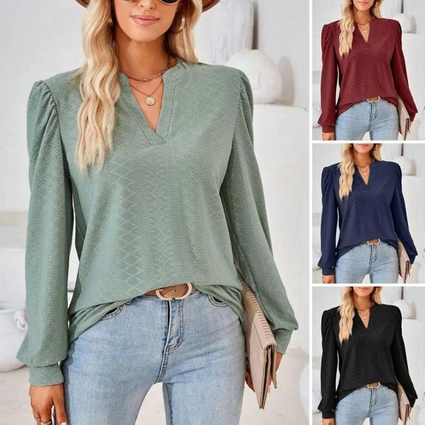 Blusas para mujer Mujeres Primavera Otoño Top Cuello en V Manga larga Apliques sueltos Jersey Suave Color sólido Casual OL Commute Lady Camiseta Longitud media