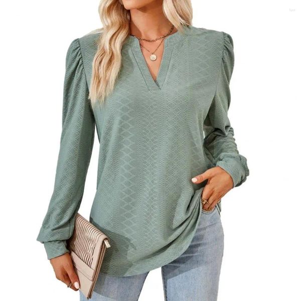 Blusas de mujer Mujer Primavera Otoño Top Cuello en V Manga larga Apliques sueltos Jersey Suave Color sólido OL Commute Lady Camiseta Blusa de longitud media