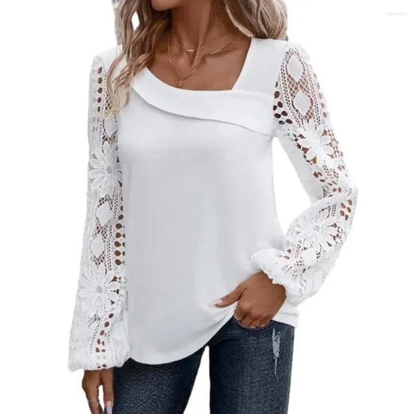 Blusas de mujer Camisa de primavera para mujer Ahueca hacia fuera el encaje transparente Manga larga Color sólido Inclinado Cuello en V Suelto Suave Jersey informal Señora Conmutar