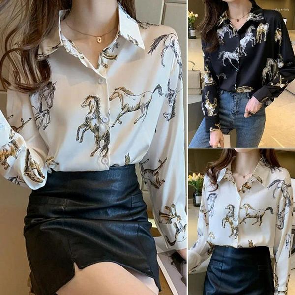 Blouses Femmes Femmes Printemps Chemise Cheval Imprimer Revers Simple Boutonnage Manches Longues Cardigan Commute Lâche OL Style Âge Réduire Blouse Dame