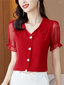 Vrouwen Blouses Vrouwen Lente Zomer Stijl Chiffon Tops Lady Casual Korte Mouw Turn-down Kraag Effen Kleur Blusas DF4423