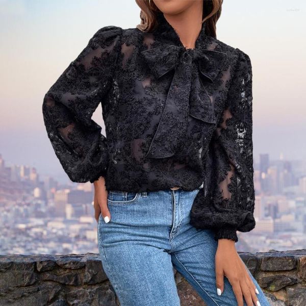 Blouses de femmes Femmes Spring Top Couleur solide Hollow Out Big Bow-Knot Lantern Manches Soft-Up Habit-up See-Through Pullover