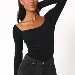 Blusas de mujer Camisas ajustadas con cuello cuadrado para mujer Tops cortos informales de color liso Blusa básica de manga larga con espalda abierta ropa de calle para mujer