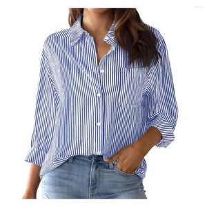 Blouses pour femmes chemises de travail à rayures Femmes revers à imprimé vertical pour le dessus de l'ajustement en vrac à manches longues avec un single de poche de poitrine