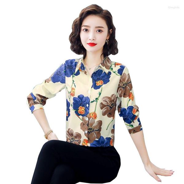 Blusas de mujer Blusa de verano para mujer Camisa de gasa floral de manga larga Tops Ms 2023 Otoño Ropa de primavera coreana Base de impresión de todo fósforo