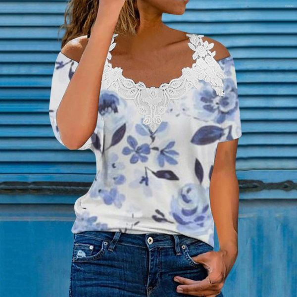 Blouses de femmes Femmes Summer Boho Shirts Floral Imprimé en dentelle épaissante épaule froide Vintage Sleeve V Neck Beach Camisas Blusas