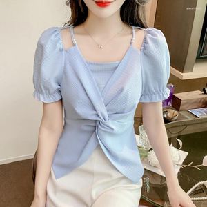 Blouses de femmes Femmes Summer Camiffon Casual 2024 Coréen Clothes Fashion Sleeve Puff Crops Sexy French Slim Elegant Ladies Shirts Y2K