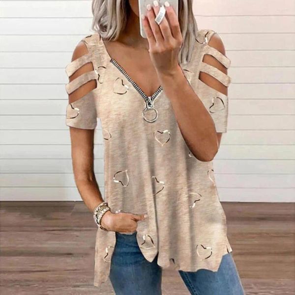 Blouses Femmes Femmes Été Épaule Froide Col En V Fermeture À Glissière Imprimé Creux T-Shirt Dames Casual Blouse Lâche Tunique Tops De Haute Qualité